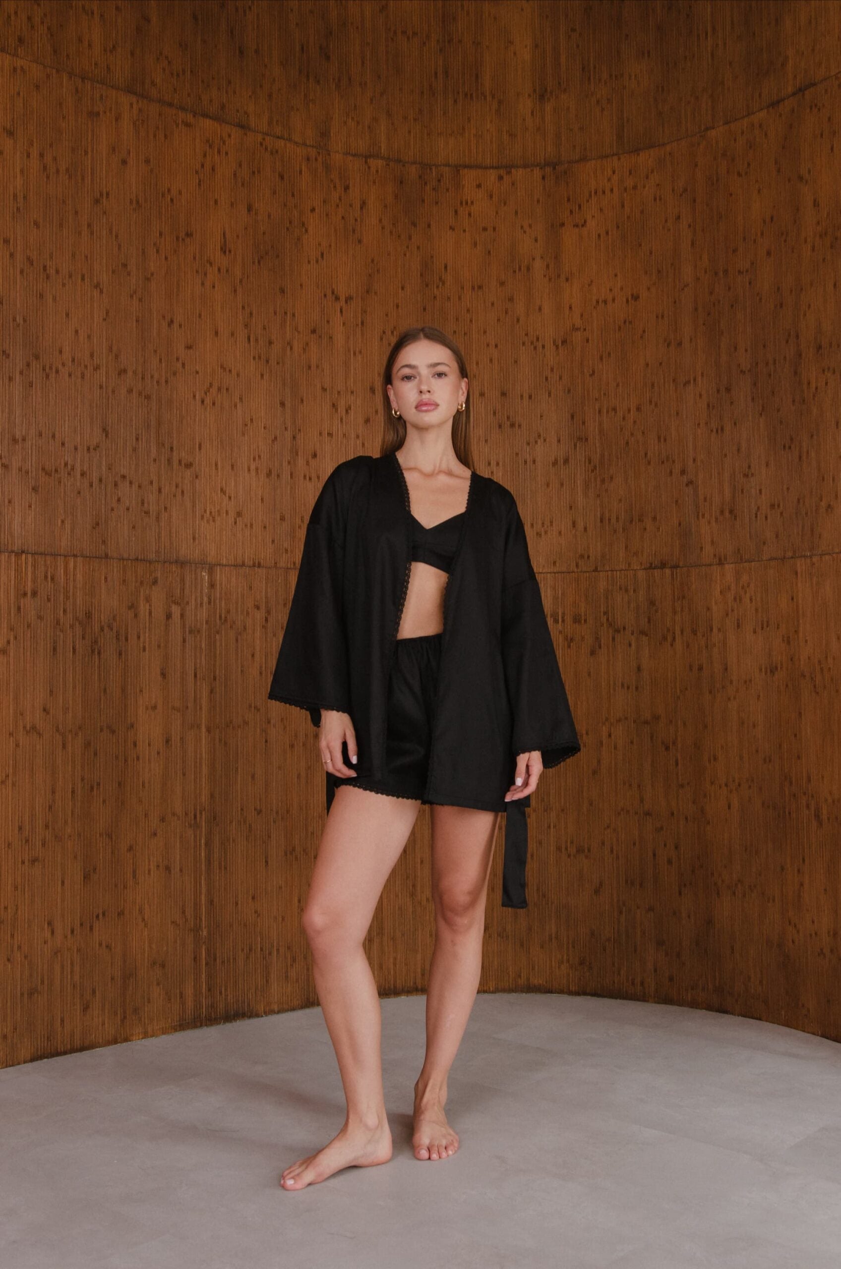 Домашній костюм чорний – шорти, топ, короткий кардиган