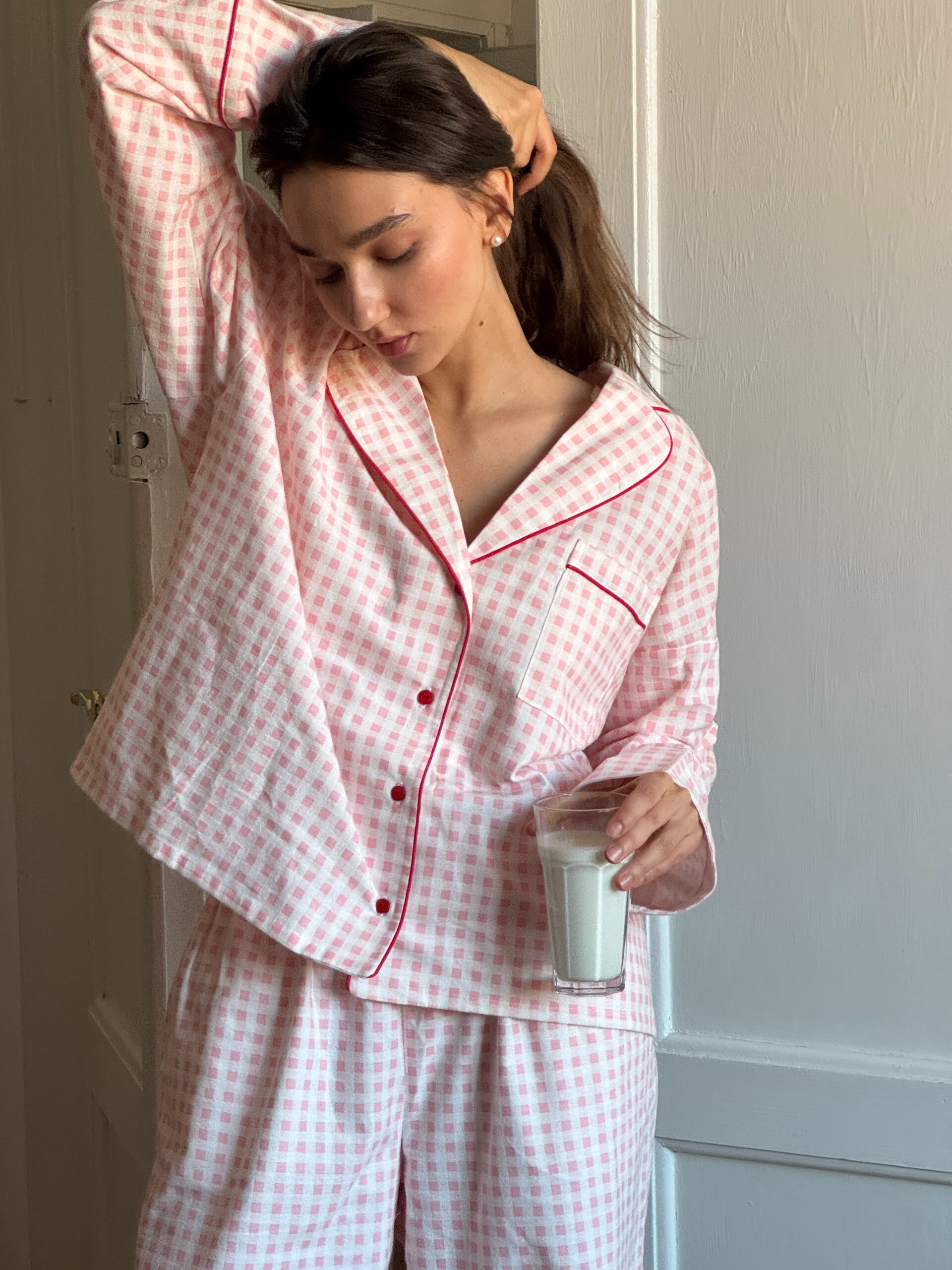 Піжама з фланелі у клітинку рожева з червоним кантом