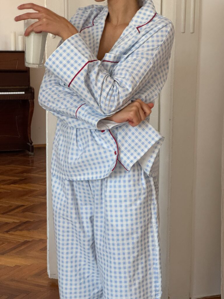 Піжама з фланелі у клітинку блакитна з бордовим кантом