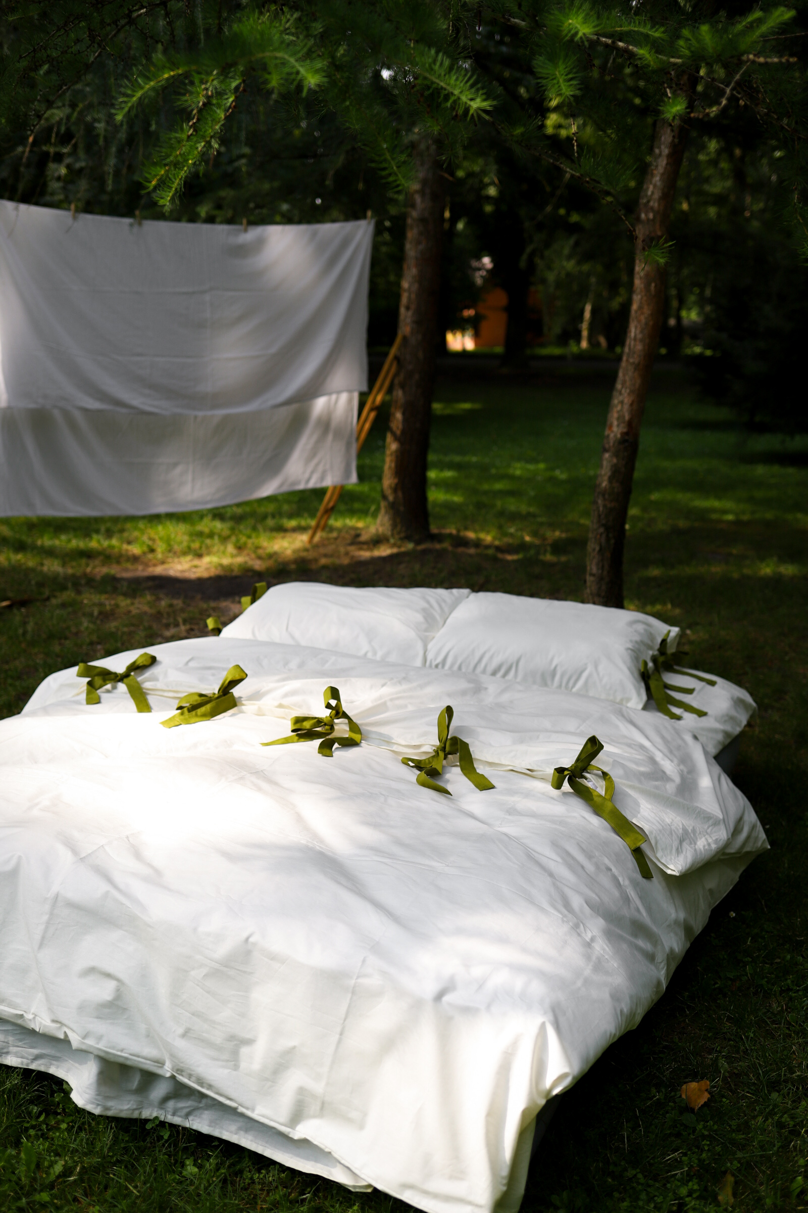 Постільна білизна молочна з зеленими завʼязками