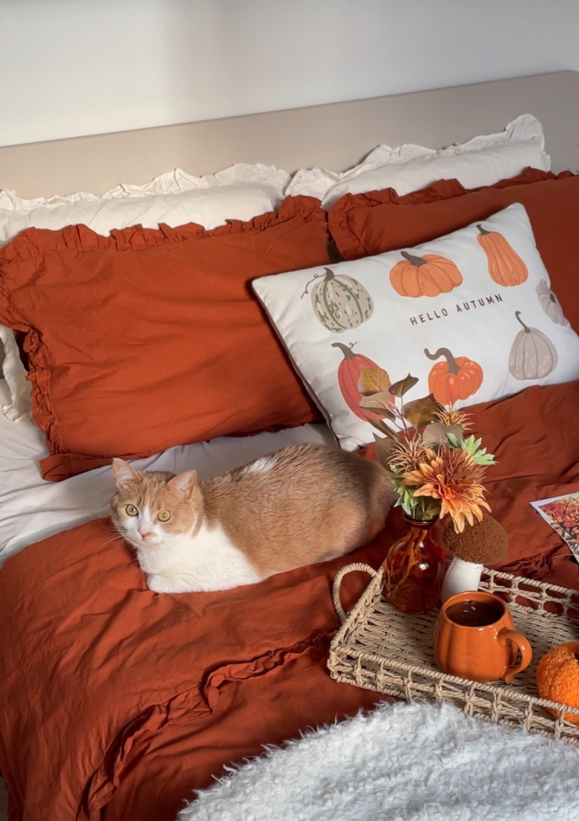 Постільна білизна з рюшами – теракотова з молочним