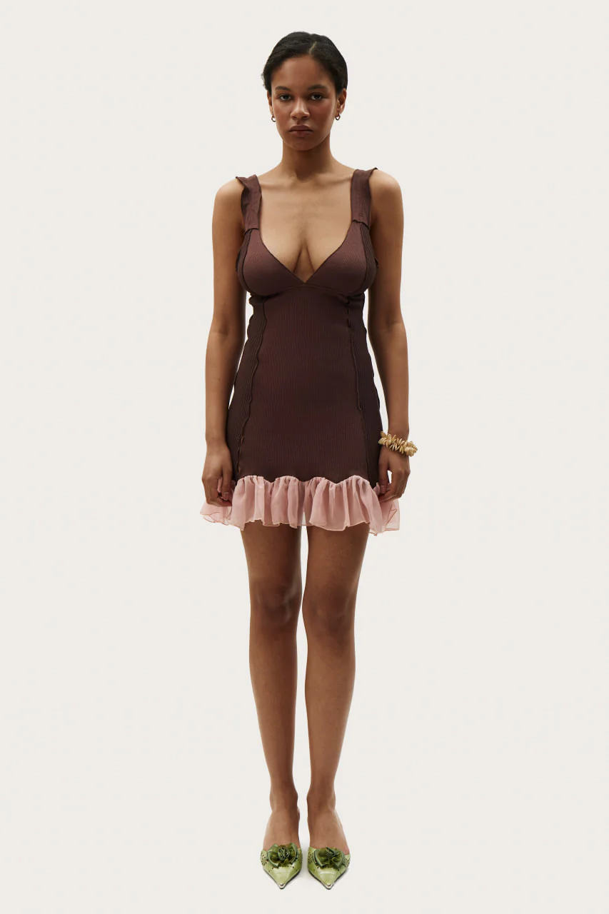 Сукня з шовковою спідницею коричнева з рожевим