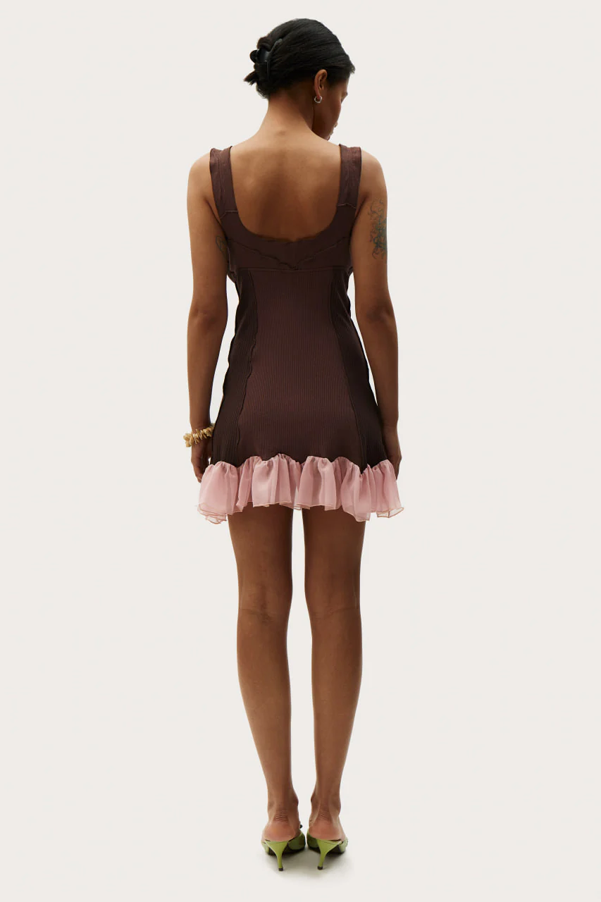 Сукня з шовковою спідницею коричнева з рожевим