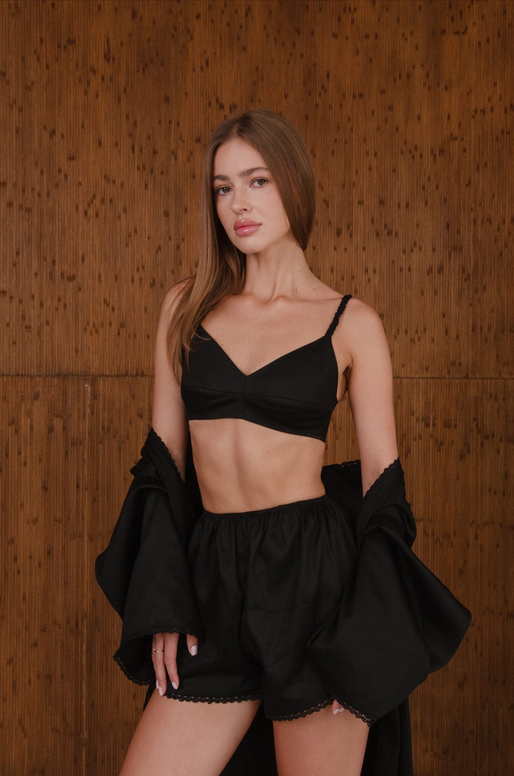 Домашній костюм чорний – шорти, топ, короткий кардиган