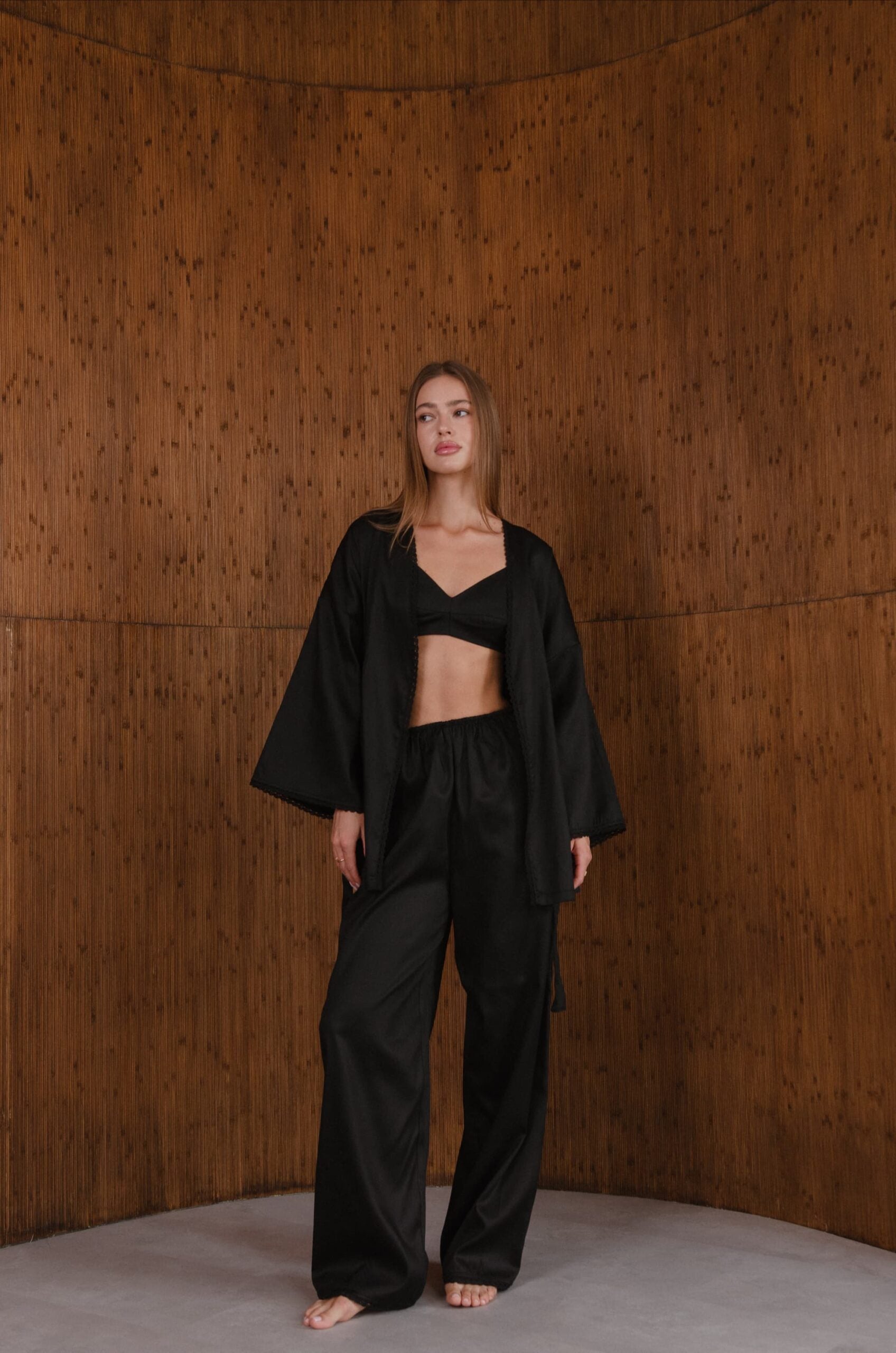 Домашній костюм чорний – штани, топ, короткий кардиган