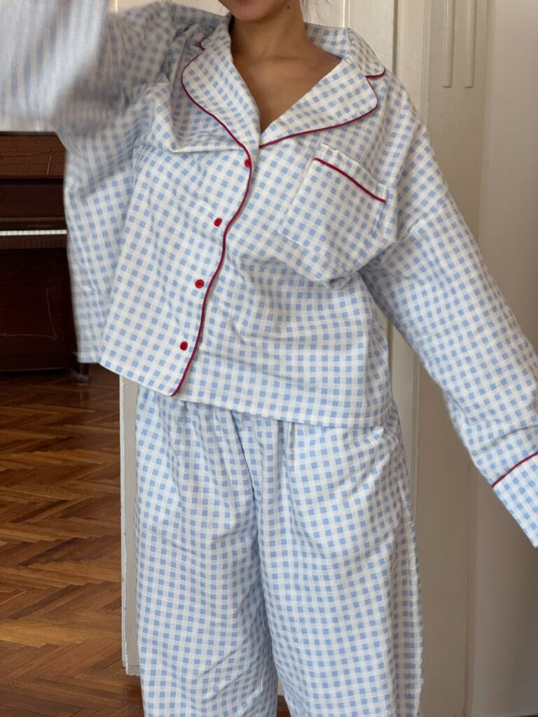 Піжама з фланелі у клітинку блакитна з бордовим кантом