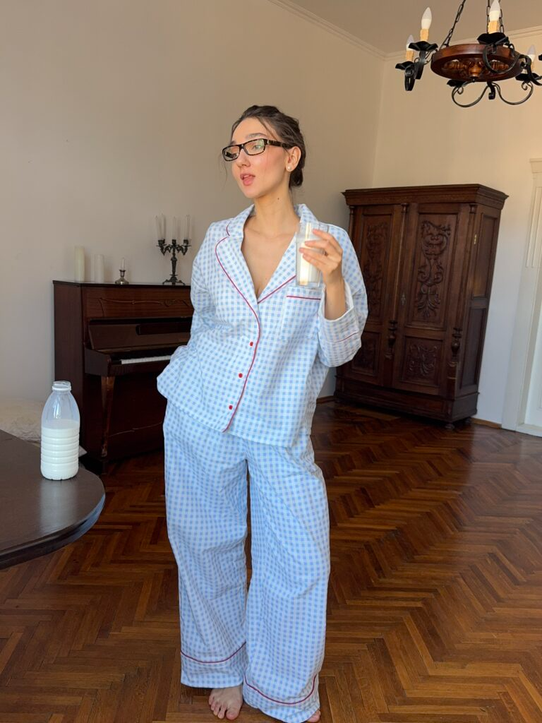 Піжама з фланелі у клітинку блакитна з бордовим кантом