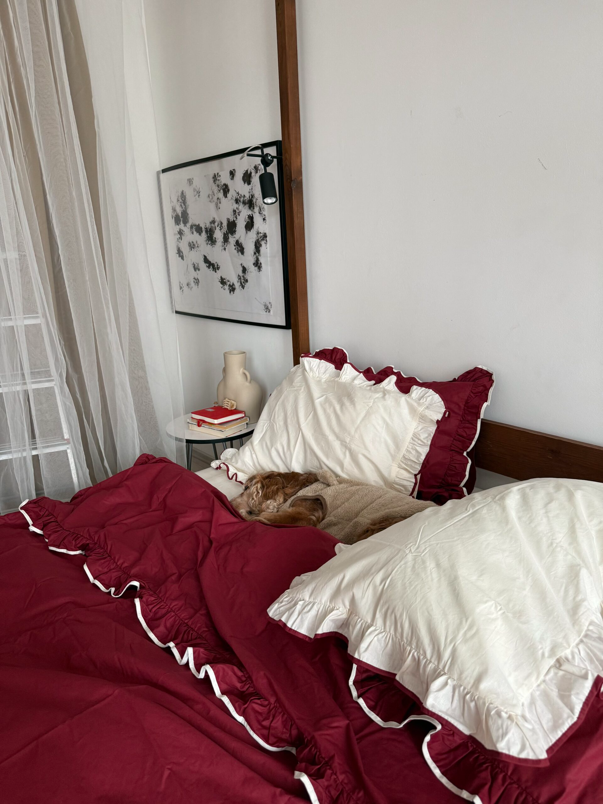 Постільна білизна Бордовий ранфорс з рюшами та молочним кантом